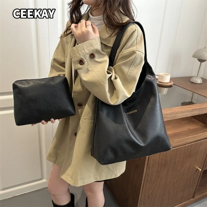 CEEKAY Women's Hobo Bag Black Soft PU Leather Large Shoulder Handbag Letter Detail Daily Casual Commute Versatile Style