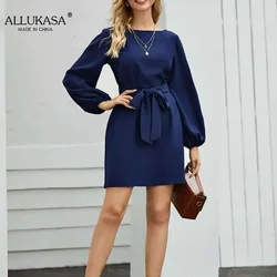 2021 Fashion explosions Chiffon solid color plus size loose simple lantern sleeve dress belt slim temperament women's clothing
