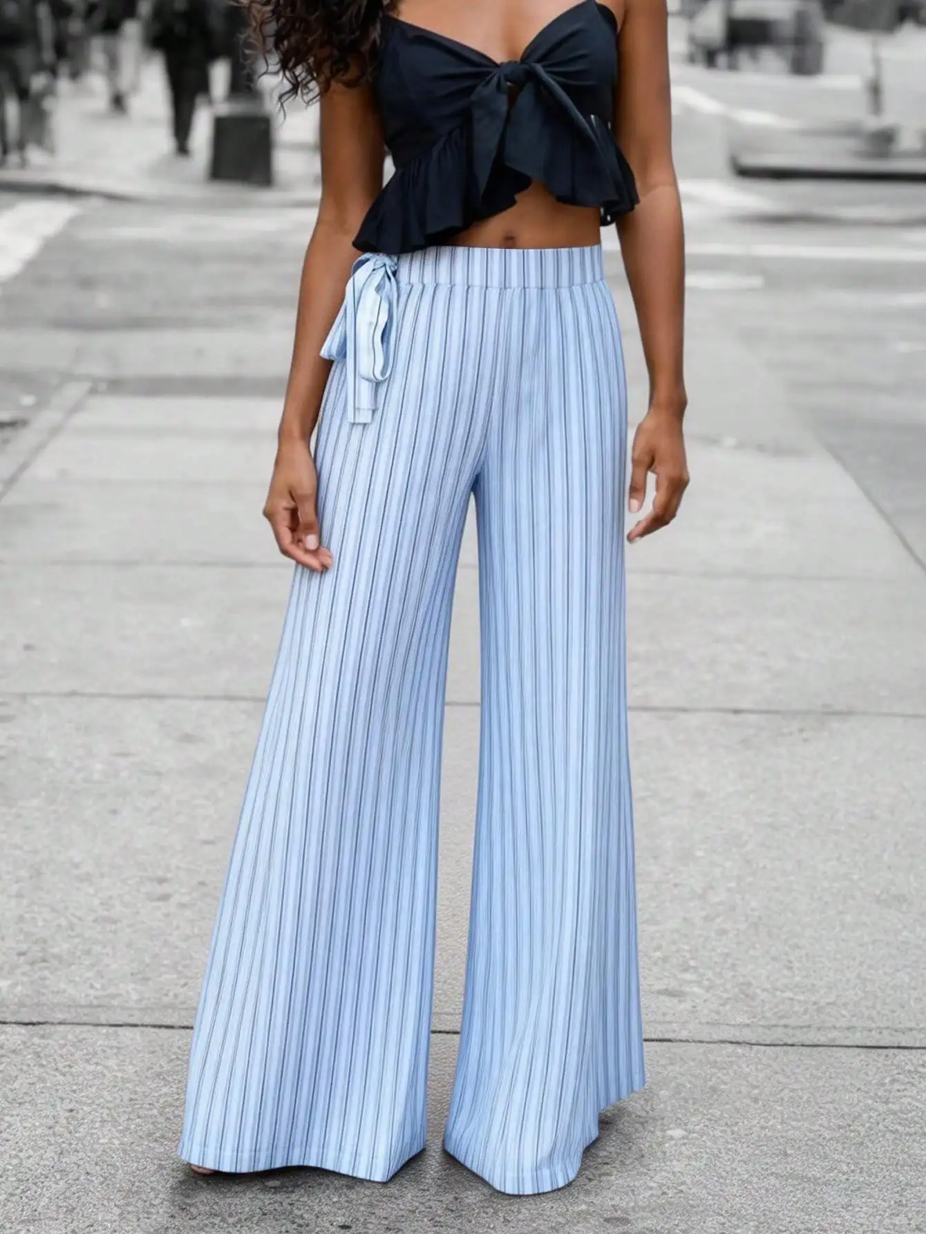 Casual Women Vertical Striped Wide Leg Pants Elastic High Waist Side Tie Knot Flowy Trousers With Pockets Summer Holiday Outfit