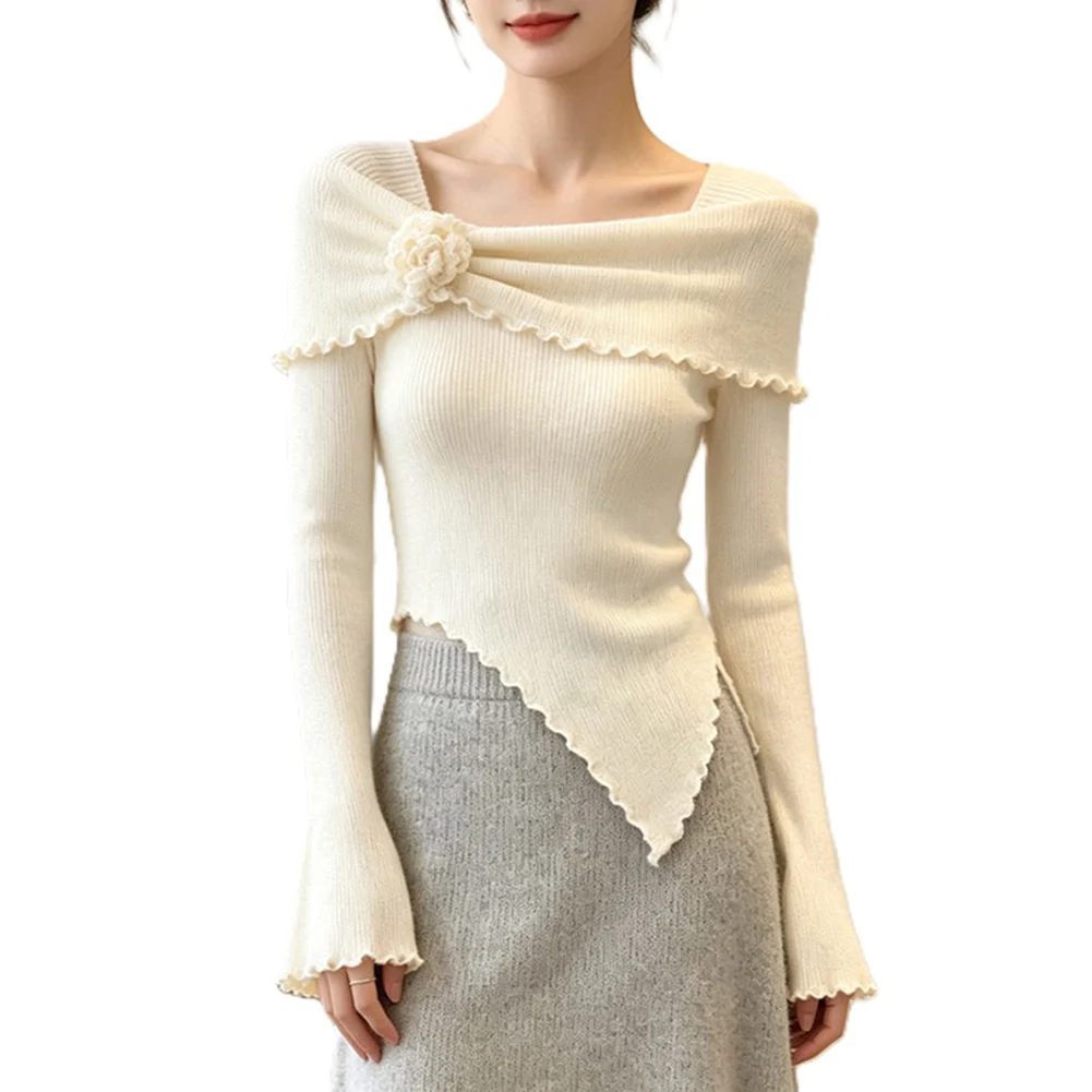 Long Sleeve Solid Color Knit For Top for Women with Floral Detail Regular Length Suitable for Beach Vacation Office and Cycling
