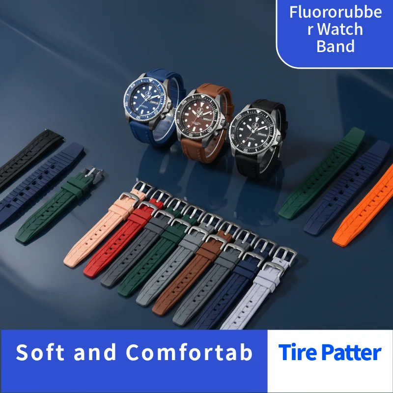 

High Quality Tire Pattern Fluororubber FKM Rubber Strap 20mm 22mm Quick Release Sport Watch Band Fit For New Rolex Submariner