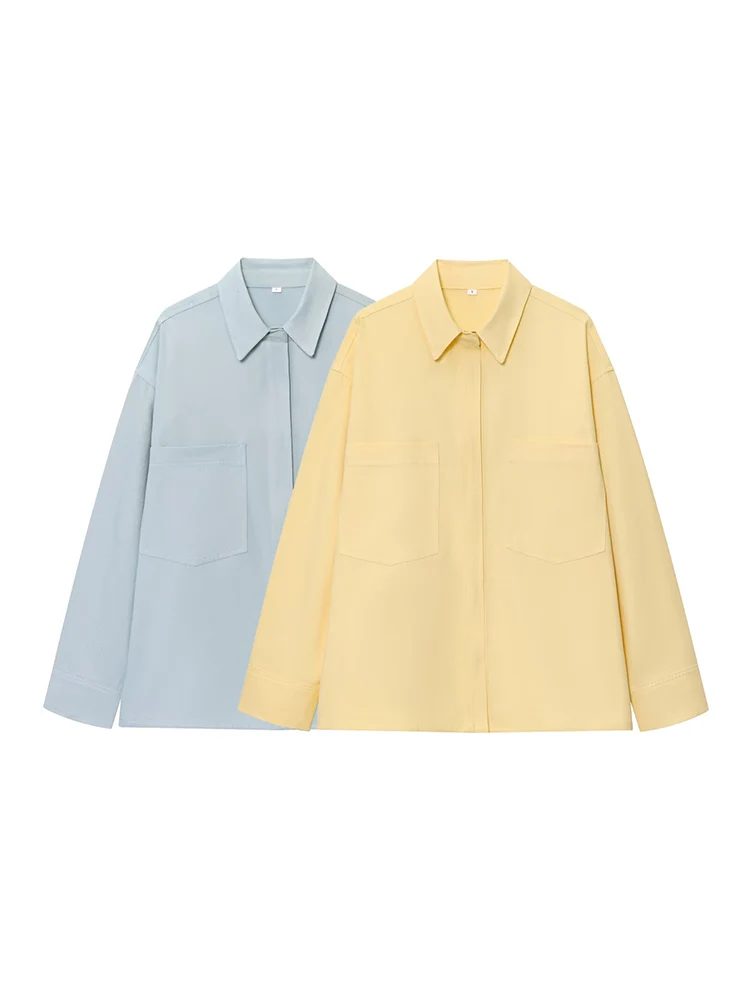 

TFMLN 2025 New Women Double Pocket Casual Shirt Solid Color Lapel Long Sleeve Autumn Spring Fashion Female Loose Shirt Tops