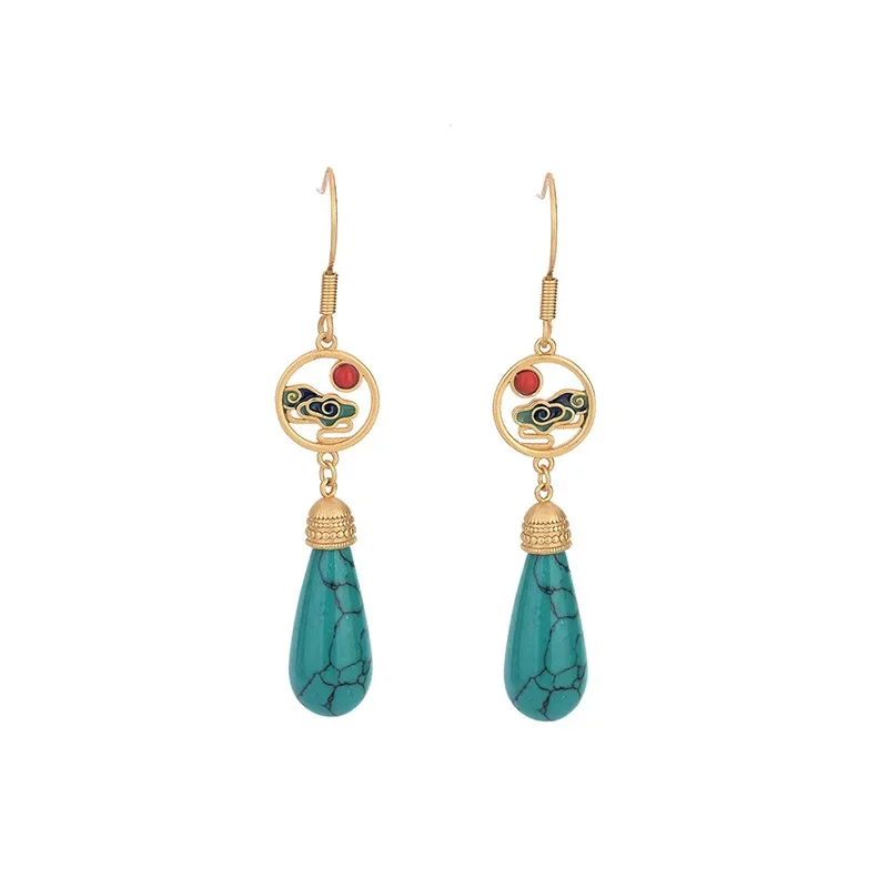 

National Tide White Cloud Earrings Female Xiangyun Imitation Turquoise-stone Long Pendant Jewelry National Accessory Gift Women