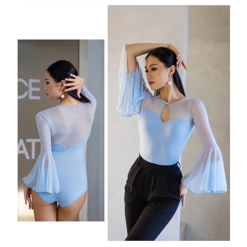 National Standard Latin Jumpsuit Women Latin Dance Tops Long Sleeves Leotard Ballroom Cha Cha Modern Dance Jazz Bodysuit