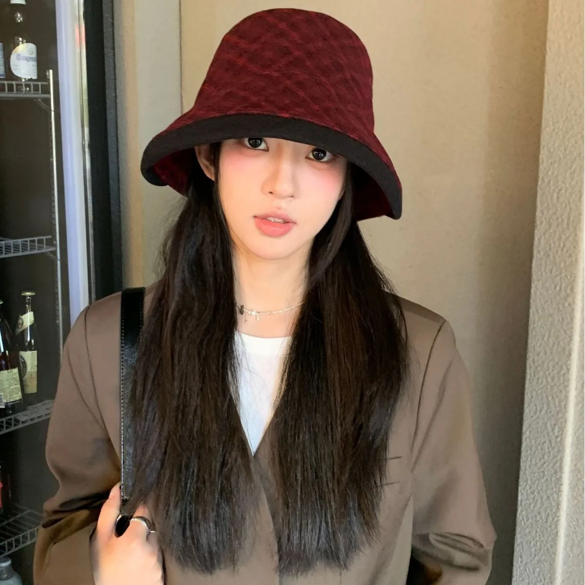 

Bucket hat women's autumn and winter blended plaid warped edge warm hat corrugated metal standard basin hat shows small face