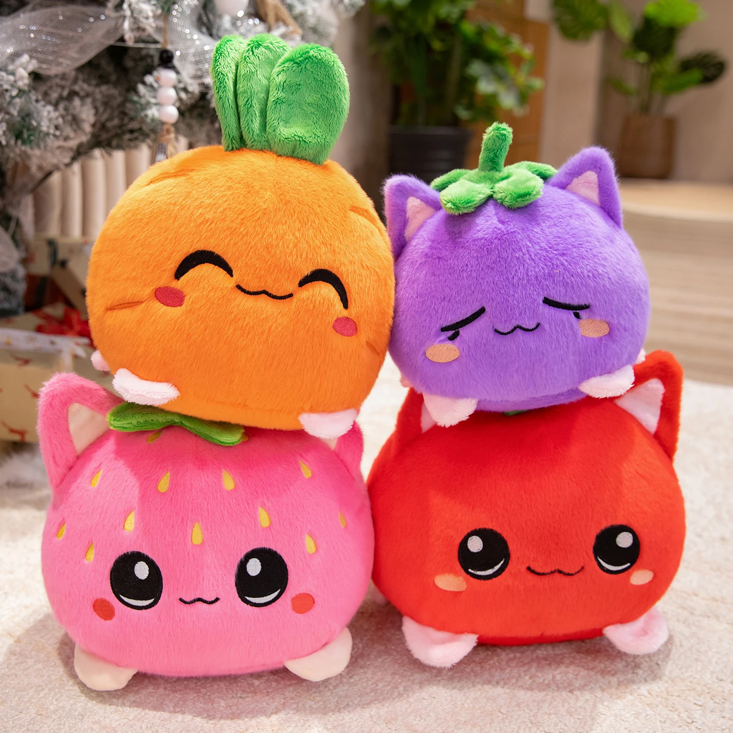 Sweet Lovely Strawberry Kitten Ball Plush Toys Soft Pink Cartoon Apple Eggplant Cat Doll Bags Hanging Toys Funny Desktop Decor