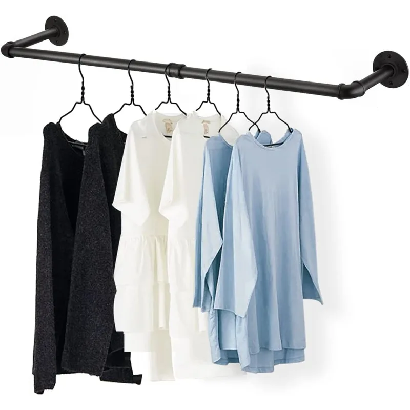 48” Wall Mounted Clothes Rack, Industrial Pipe Black Iron Garment Bar, Heavy-Duty Detachable Clothing Rod, Multi-Purpose Metal