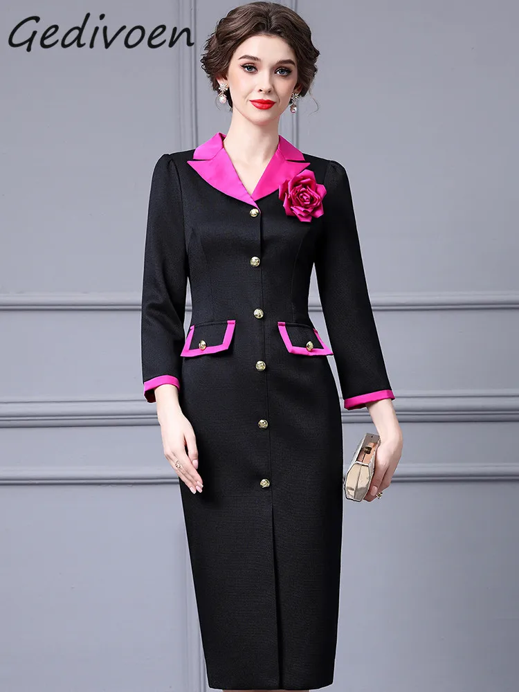 

Gedivoen Autumn Fashion Designer Vintage Hit Color Dress Women Lapel Appliques Button High Waist Package Buttock Slit Long Dress