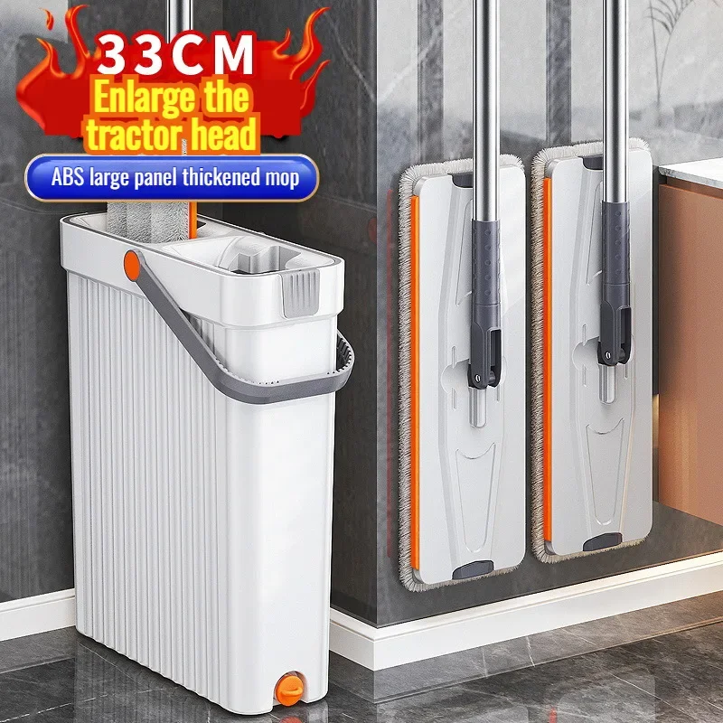 Household Flat Mop 8 Cloth Mop Bucket Set 130cm No Hand Washing Double Bucket Cleaning Dust Mop 360° Rotation Clamping Mop