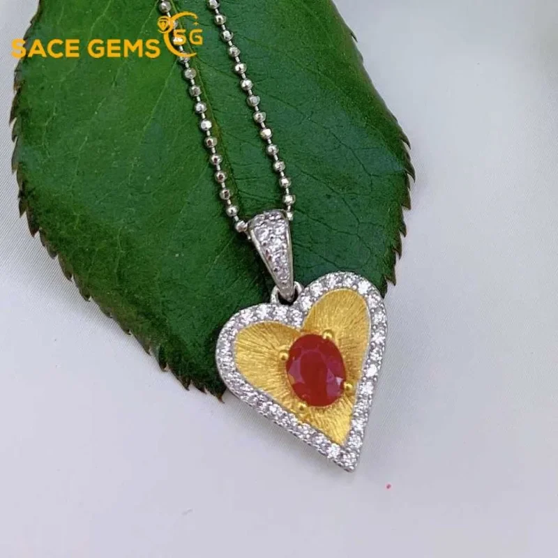 

SACE GEMS Fashion Certified 925 Sterling Silver 4*5MM Natural Ruby PendantNecklace for Women Sparkling Wedding Fine Jewelry Gift