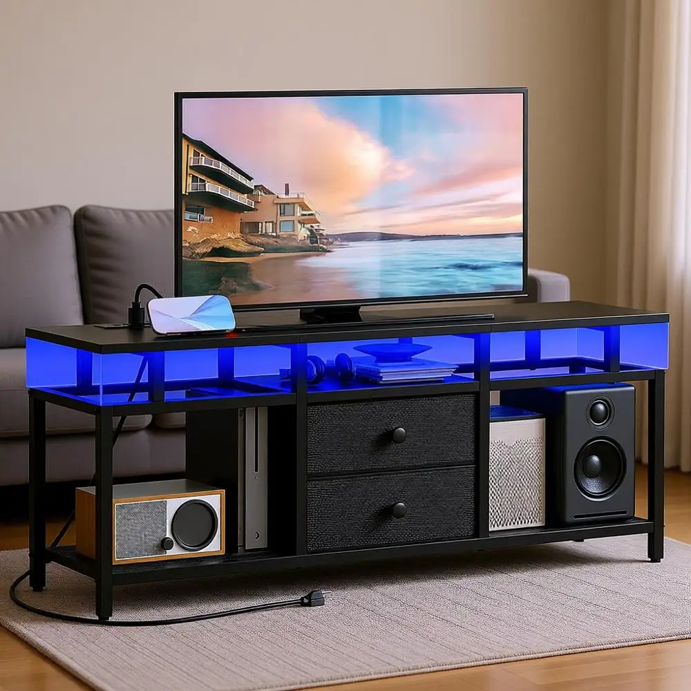 

Тумба под телевизор со светодиодной подсветкой, розетками, тканевыми ящиками и открытыми полками для телевизоров 41,7-45 дюймов, идеально подходит для медиа-зон, гостиных, спален