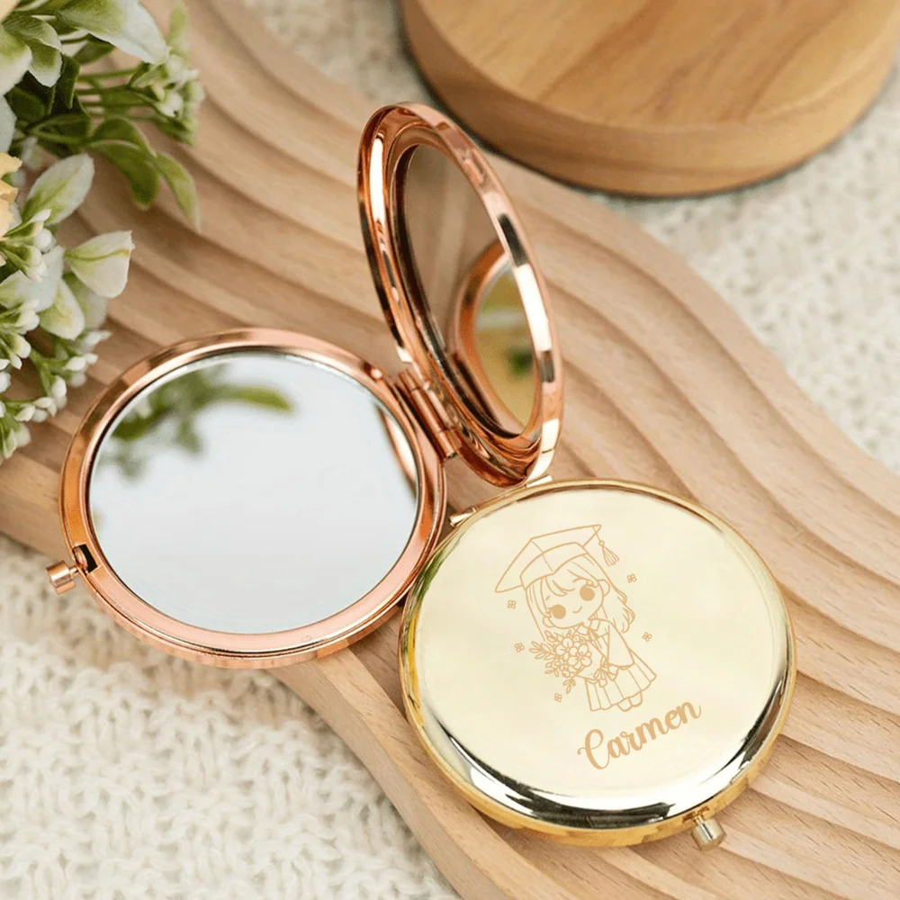 1pc Cartoon Cute graduation gown Girl Custom Text Pocket Mirror Makeup Mirror Round Circle Mirror Wedding Guest Gifts