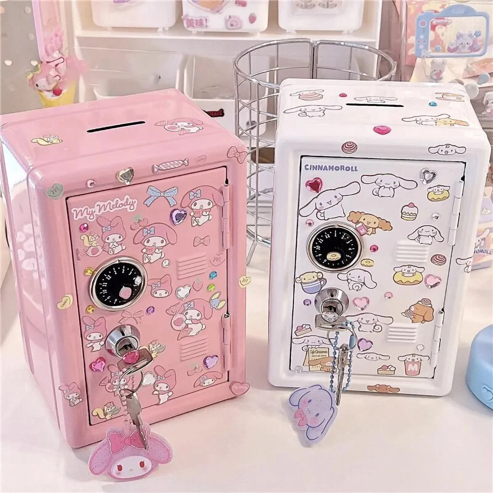 1Pc Kawaii Desktop Money Boxes Organizer Cute Decorative Stickers Mini Storage Boxes with Lock Cartoon Piggy Bank for Child Gift