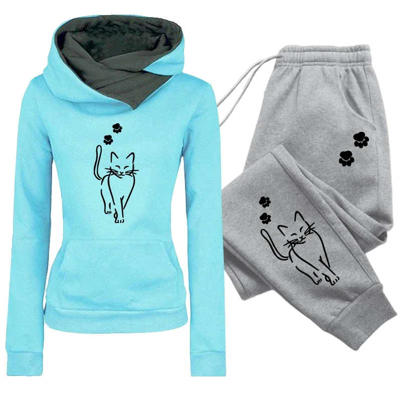 Autumn Winter Female Daily Casual Sports Outfit Women's Set/Hoodie/Pants Cute Cat Print Tracksuit Hooded Sweatshirt Sweatpants