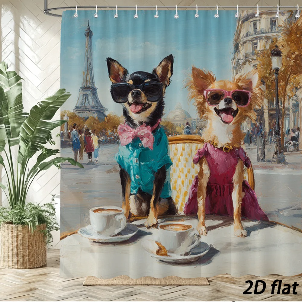 Oil Painting Two Chihuahuas Wearing Sunglasses Paris Street Pattern Bath curtain Cozy Plush Bedspread Portable 