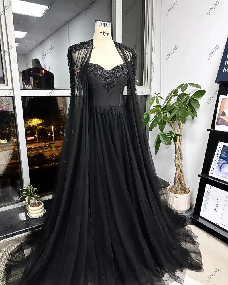 Shinning Black Beaded Wedding Dress Elegant Detachable Shawl Custom A-line Prom Dresses Sexy SweetHeart Backless vestido feminin