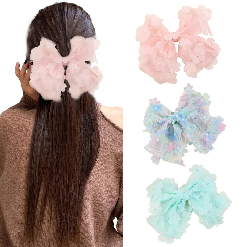 Ncmama-Pinzas para el pelo con flor de malla para mujer, horquillas para el pelo con lazo grande, accesorios para el cabello