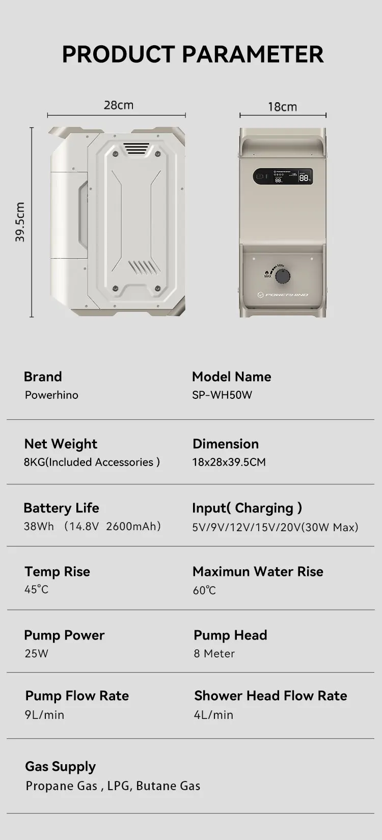 Powerhino Rechargeable 3L Waterproof Outdoor LPG Propane Gas Portable Instant Hot Water Heater For Camping RV Shower view 4