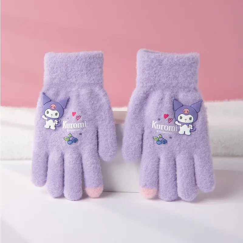 Kawaii Anime Sanrios Kids Gloves Melody Kuromi Pochacco Boy Girl Warm Thickened Five-Finger Plush Gloves Student Antifreeze Gift