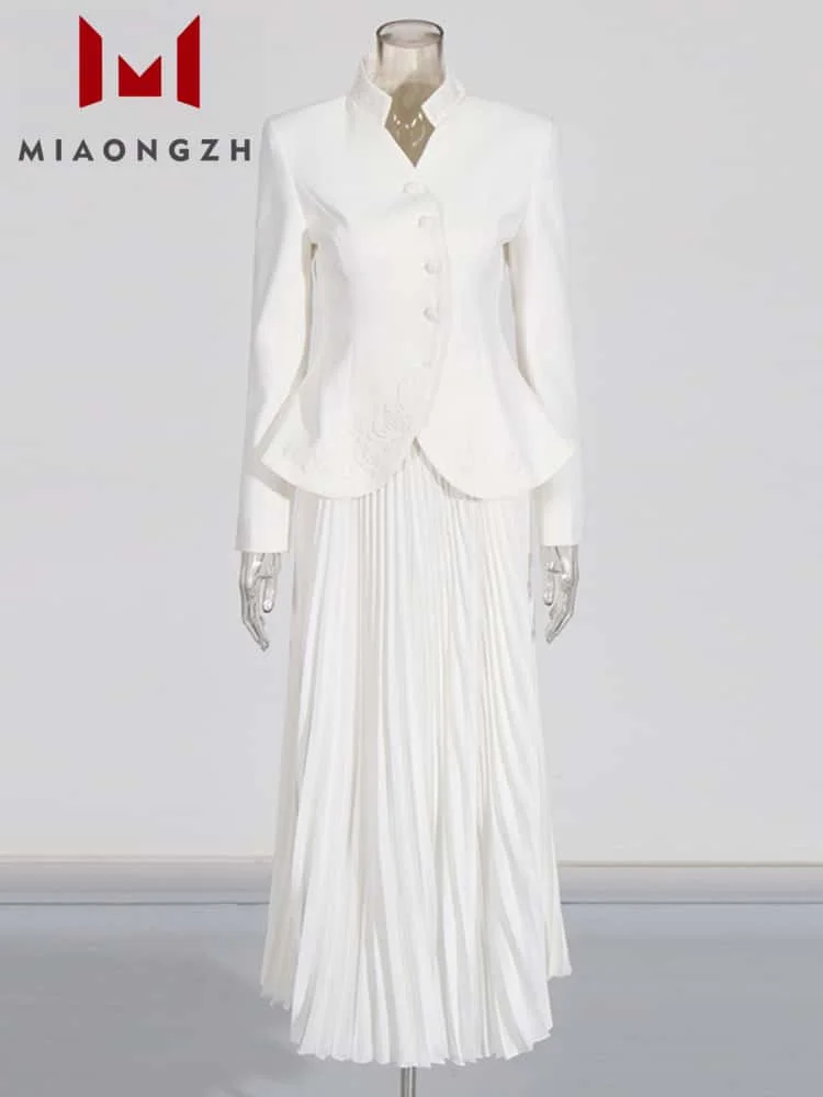 

2025 New Fashion For Women Two Piece Set Stand Collar Long Sleeve Sing Button Button Top + High Waist Pleated Skirt Female Sets