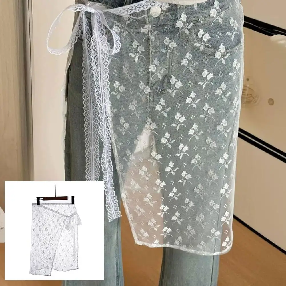 Falda de encaje floral de malla para mujer, estilo Y2K, de una pieza con lazo, falda cruzada con lazo lateral, falda superpuesta para decorar jeans, estilo skater.
