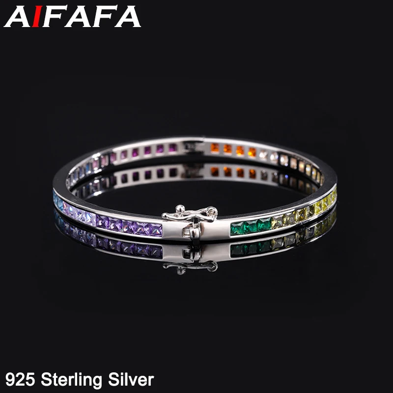 

100% 925 Sterling Silver Multicolor Stone Bangle for Women Brilliant Cuff Bracelet Fine Jewelry Wholesale