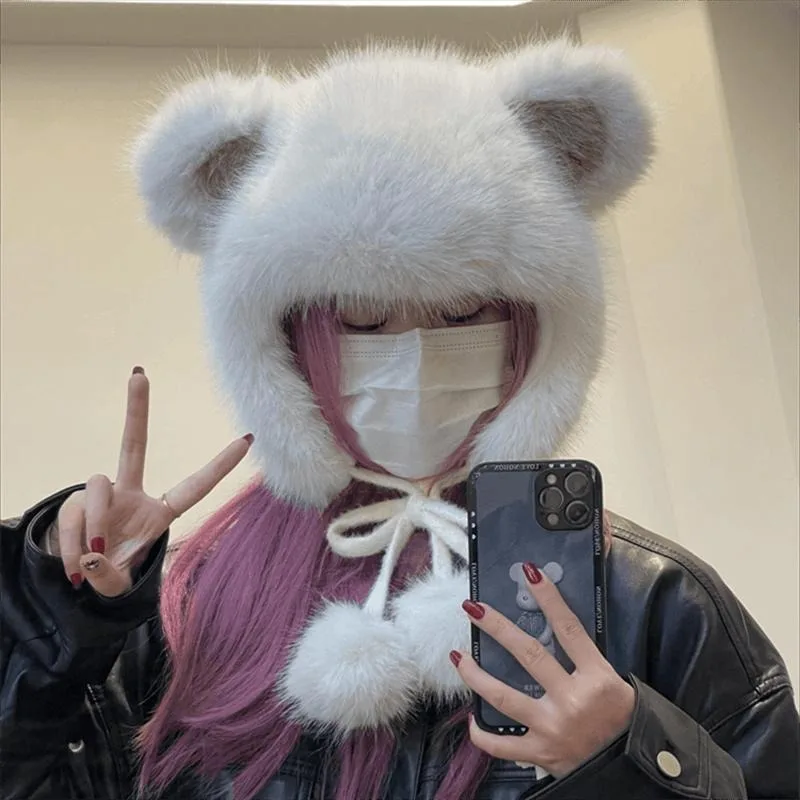 

Korean Sweet Bow Plush Bomber Cap Winter Women Keep Warm Windproof Ear Protection Cute Pom-pom Beanie With Lace