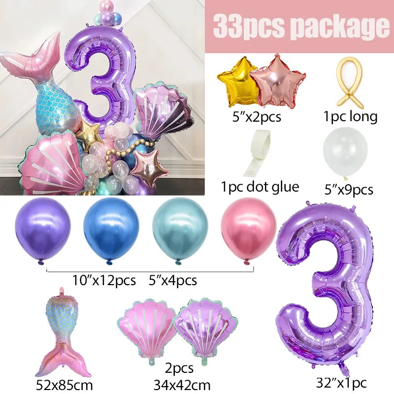 33pcs Mermaid Themed Seashells Digital Balloon Column Set Boy Girl Birthday Adult Woman Man Party Decorations Graduation