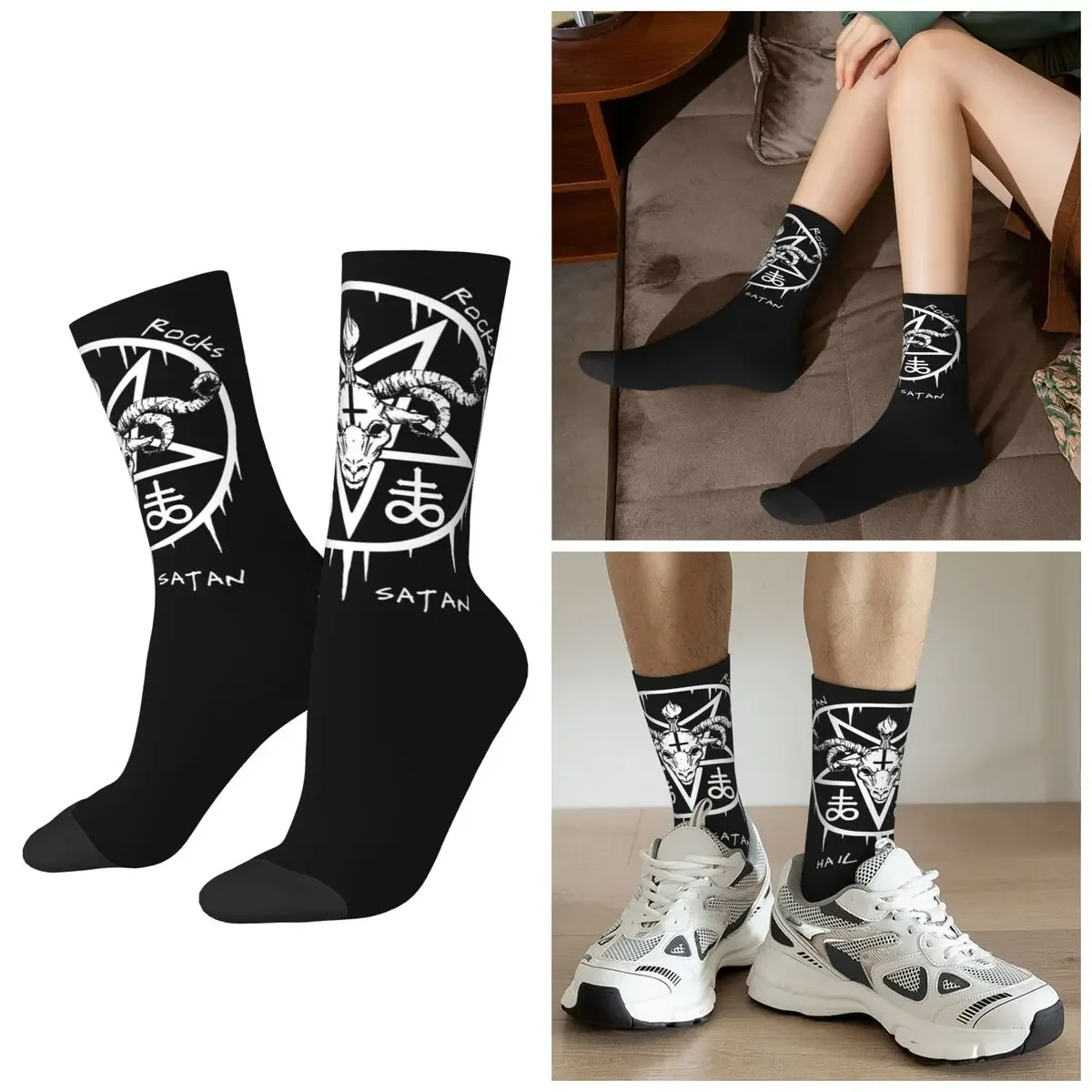 

All Seasons HAIL SATAN - SATAN ROCKS - FUNNY SATANIC OCCULT Socks Harajuku Sport Middle Tube Socks Hip Hop Stockings Day Gifts