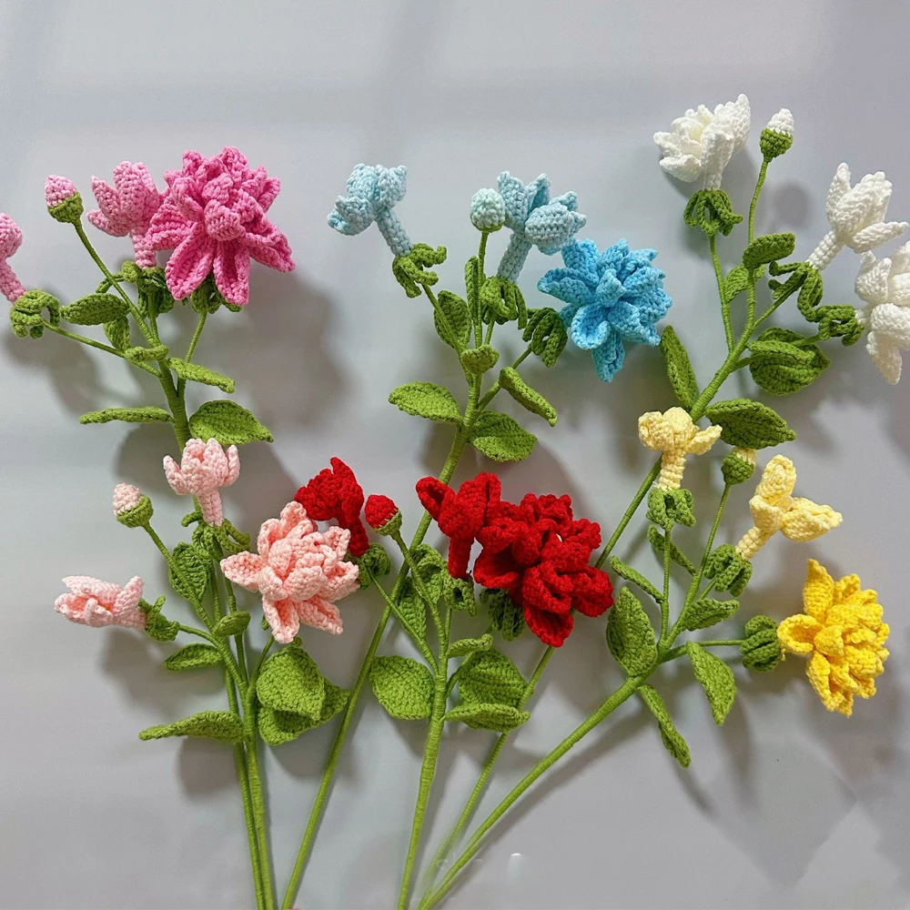 Kreativer Häkelumhang mit Jasminzweigen, handgefertigter Blumenstrauß, künstliche Pflanzen, Hochzeits- und Heimdekoration – Detail 1