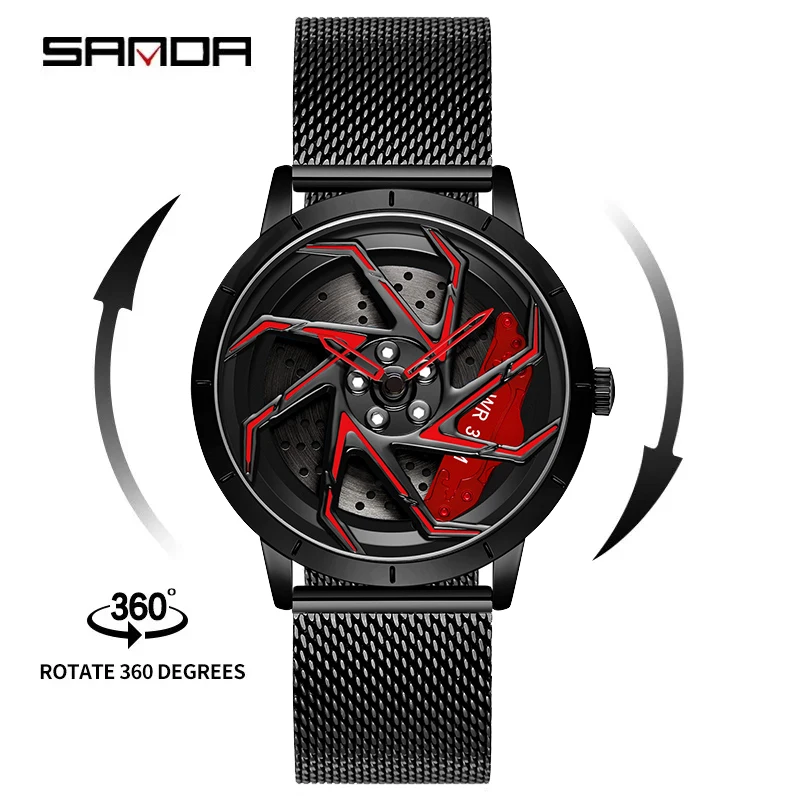 SANDA P1088 New Watch Men Quartz Rotating Dial Waterproof Sport Steel Clock Creative Rim Hub Wheel Wristwatch Relogio Masculine