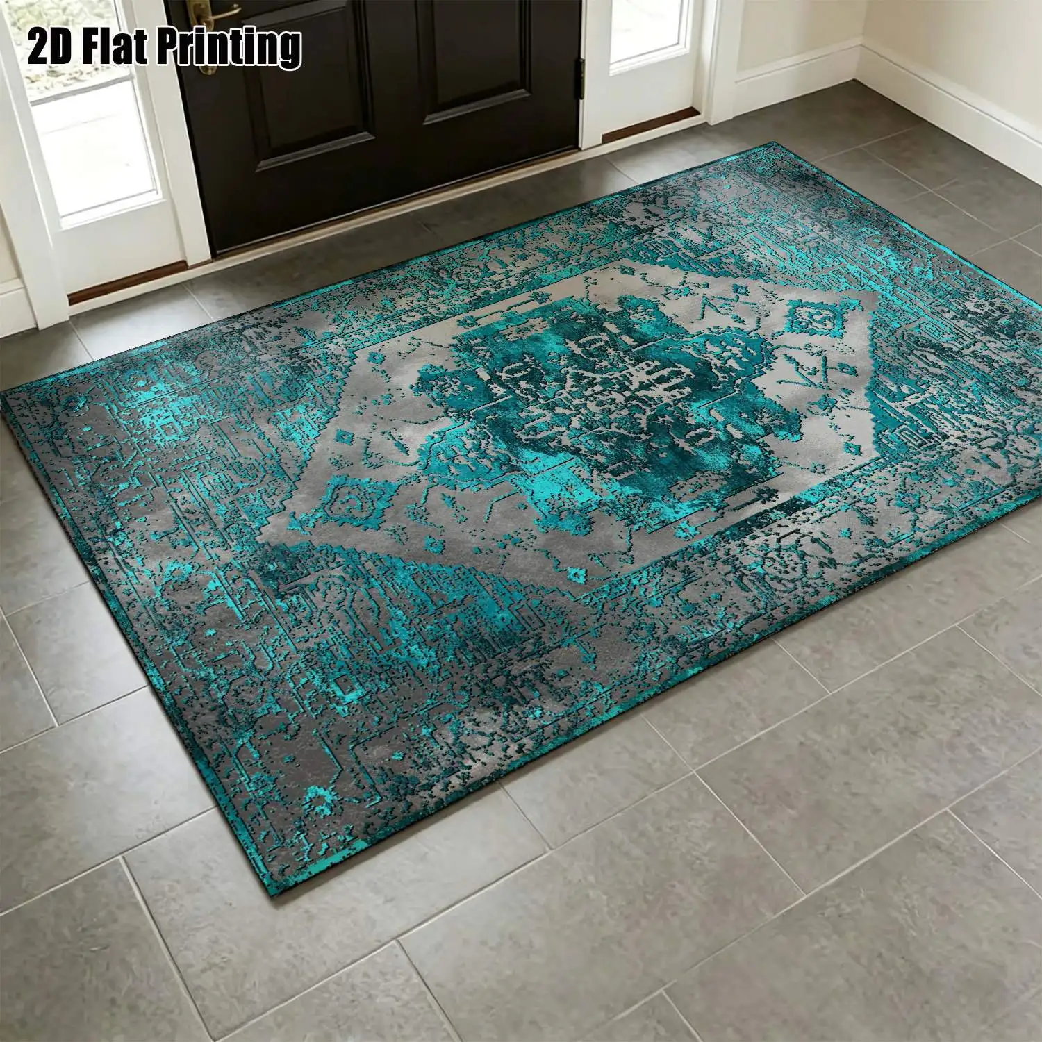 1Pc 2D Printed Carpet: Blue-Grey Retro Geometric Patterns, European Style, Machine Washable, Multi-Size, Ideal for Home Decor & Multi-Scene Use