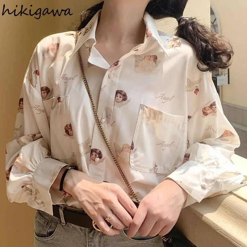 Vintage Chiffon Blouses Women Clothing Angel Print Long Sleeve Shirts 2025 Blusas Mujer De Moda Casual Fashion Oversized Tops