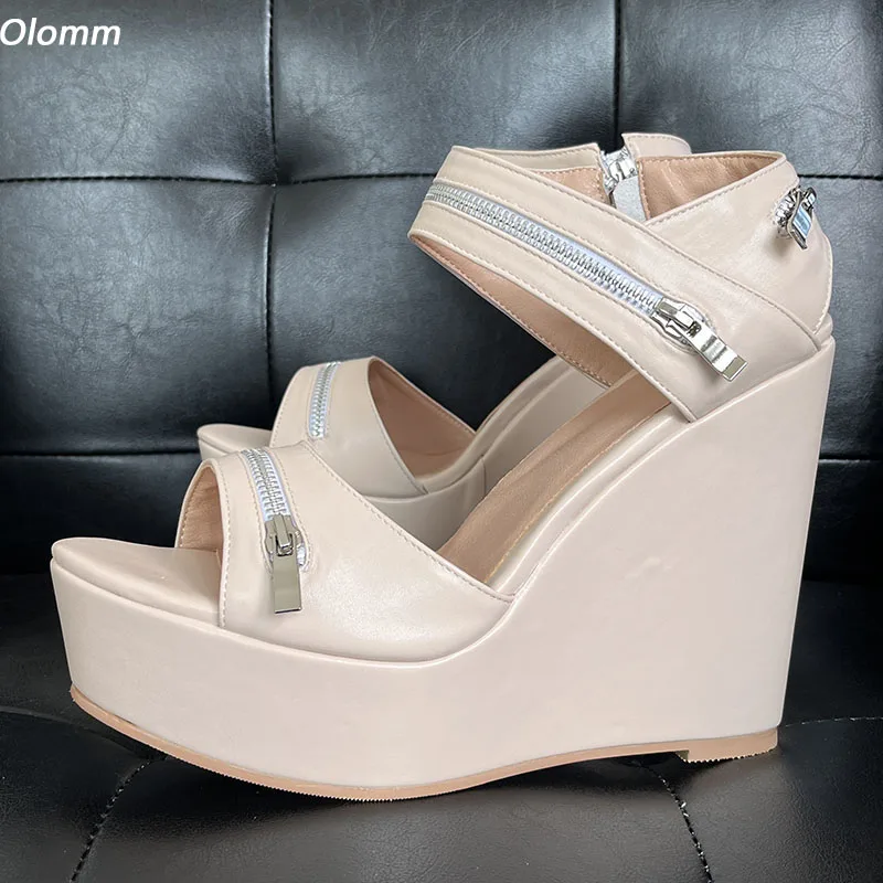 

Olomm Handmade Women Summer Platform Sandals Wedges Heels Peep Toe Light Nude Club Shoes Ladies Plus Size 5-20