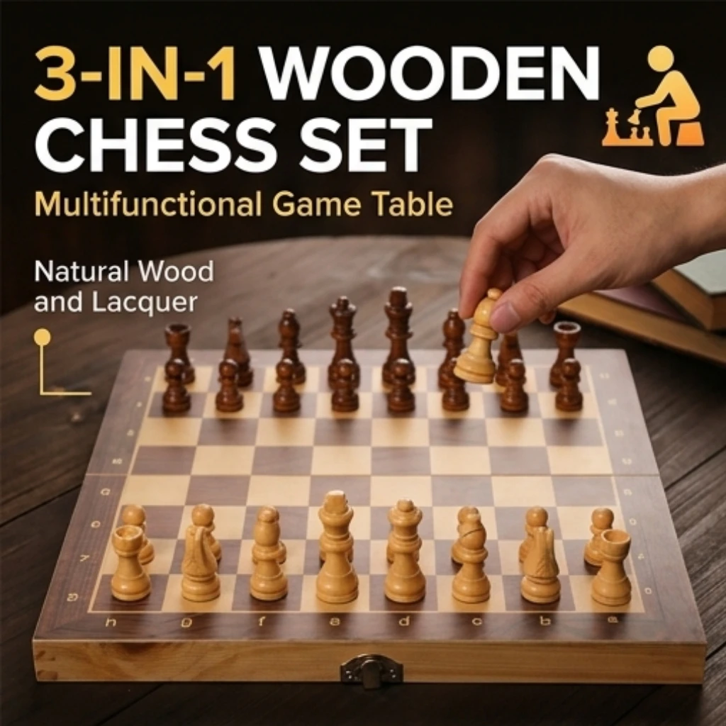 

3 In 1 Wooden Chess Set Professional Foldable International Chess Checkers Backgammon Board Games For Kids Adults Gifts
