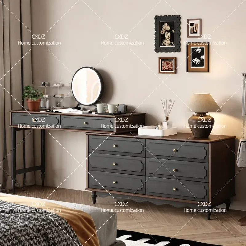 Solid wood dresser retro rubber wood American medieval dresser with mirror retractable bedroom living room advanced