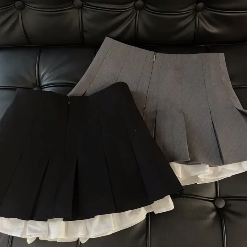 Japanese College Style Pleated Skirts Solid Black Grey Patchwork Women All-Matching Mini Skirt Female High Waist A- Line Skirt