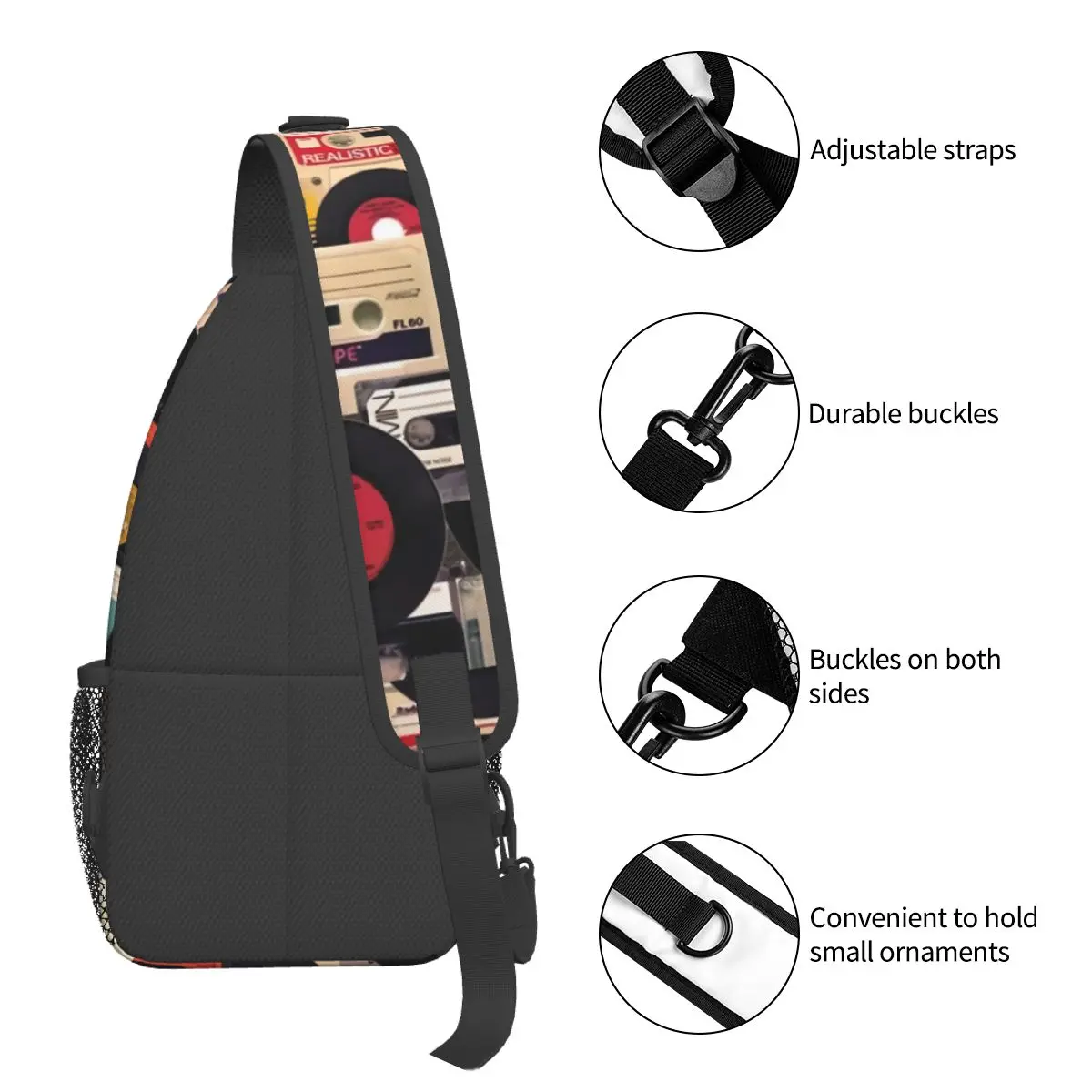 Cassette Tape And Vinyls Crossbody Sling Bags Casual Chest Bag Vintage Walkman Shoulder Backpack Daypack Hiking Outdoor Cycling