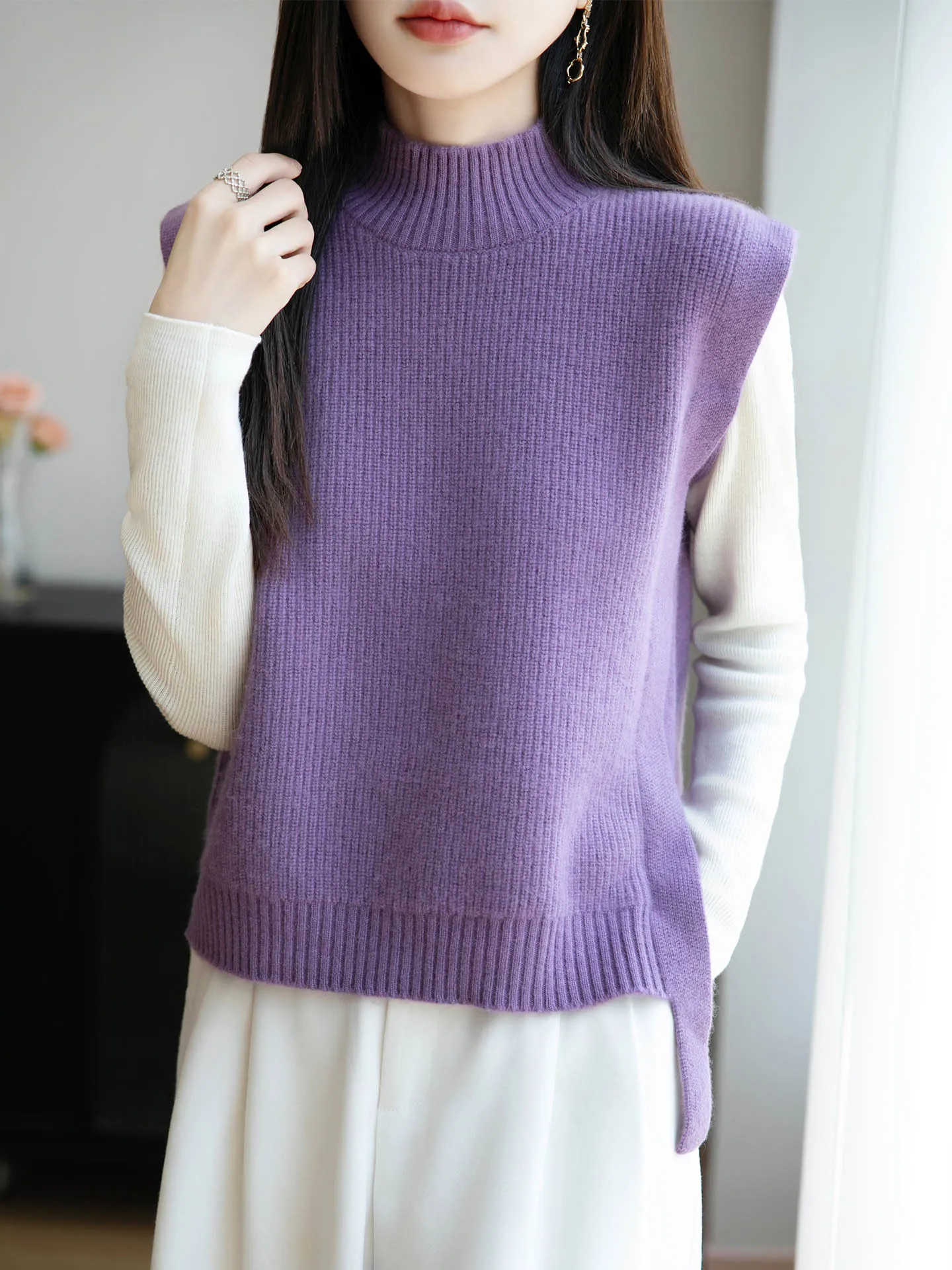 السيدات 100% ميرينو الصوف سترة دون أكمام شبه الياقة المدورة البلوز الخريف الشتاء متماسكة سترة الكشمير قاعدة بلون علوي