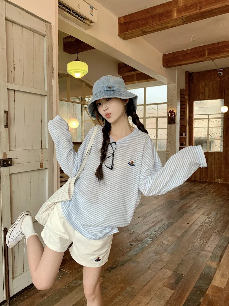 Casual Female Clashing Colours Striped Long Sleeve T-shirt Sun Protection Blouse 2024 Summer Niche Embroidery Loose Thin Top Y2k