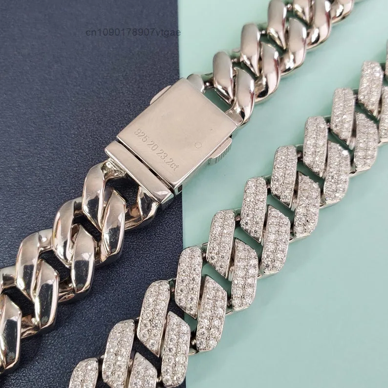 Iced 14MM Out Hiphop VVS Moissanite 925 Sterling Silver Gold Plated Bling for Gifts Sparkling Cuban Link Chain.