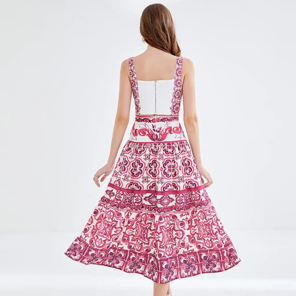 

Women's Summer Blue And White Porcelain Print Two-Piece Set with Chest Pad Short Tube Top And Pleated Skirt