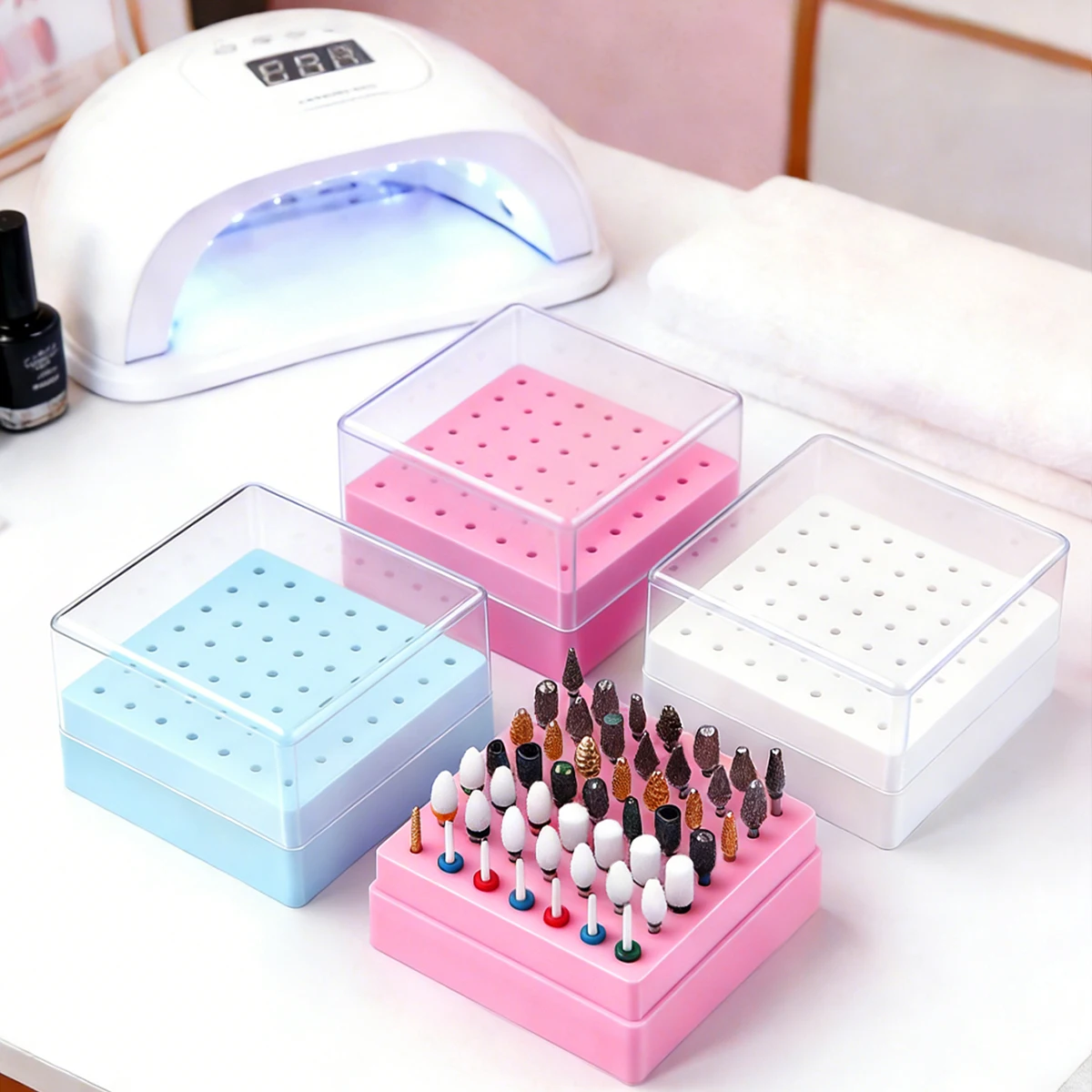 49 Holes Nail Drill Bits Storage Box White Pink Blue Empty Box Nail Drill Display Stand Manicure Accessoy Tools