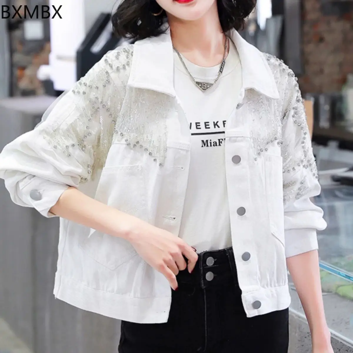 sequined diamond-encrusted denim jacket, the latest loose and thin Korean  long-sleeved short tops are trendy.