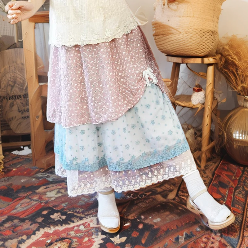 

Harajuku Mori Girl Sweet Loose Slimming Double Lace A- Line Skirt Women Clothes Stitching Artistic Fairy Kawaii Skirts A063