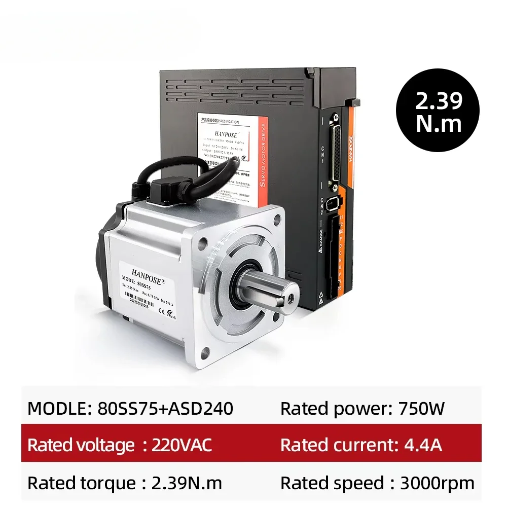 750w servo motor driver cnc kit 80ss75 + asd275 220v 2.4n.m 4.4a 3000-6000rpm velocidade rápida torque constante ac servo motor 0.75kw