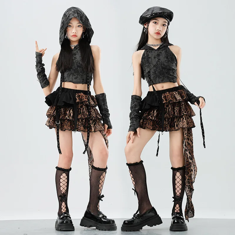 

Fashion Girls Jazz Dance Costumes Kids Hip Hop Clothing Kpop Outfit Street Dance Clothes Black Tops Leopard Print Skirt