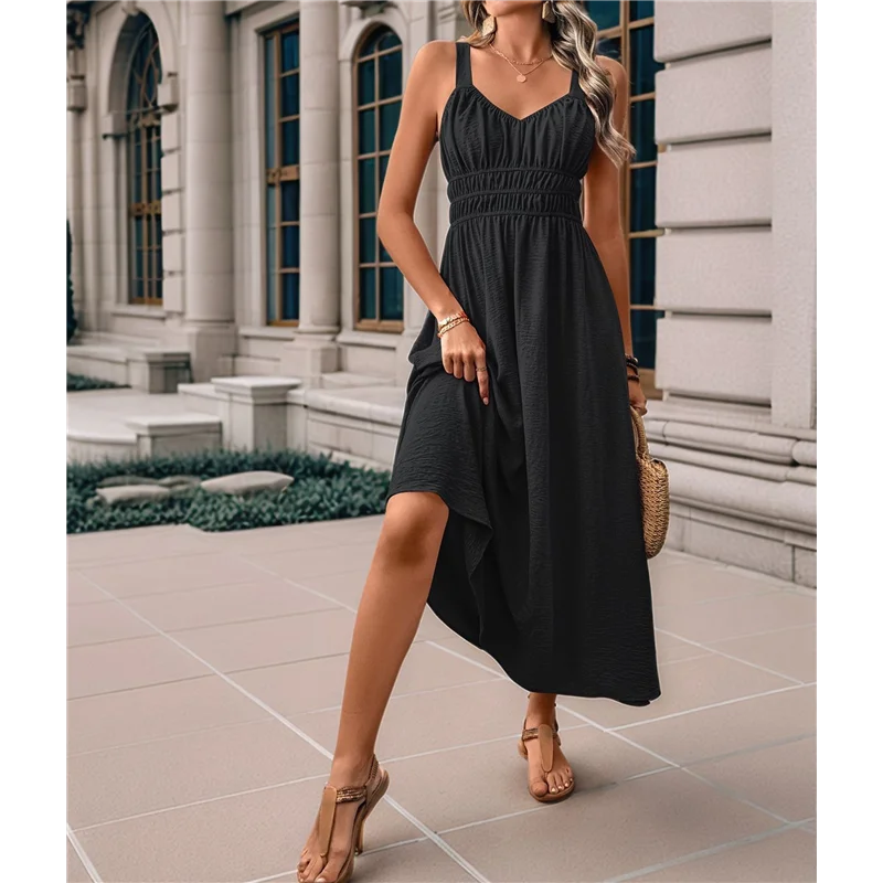 TEXU ผู้หญิง Smocked Maxi Dresses 2025 ฤดูร้อน Beach Sundress Casual สปาเก็ตตี้สายคล้อง Swing ยาว Flowy Dress