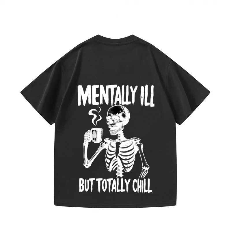 تي شيرت رجالي بهيكل عظمي أسود لشرب القهوة بشكل عقلي فاسد ولكن سيناريوهات الهالوين البرد بالكامل تي شيرت جرافيك مضحك #3