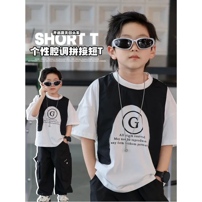 

Children's Short SleeveTT-shirt2024Summer New Children's Clothing Boys' Handsome Fake Two-Piece Letter Summer Clothing Middle an